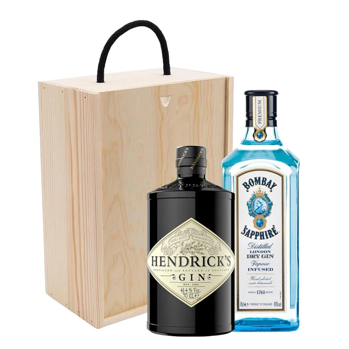 Bombay Sapphire Gin And Hendricks Gin Double Pine Wooden Gift Boxed (2x70cl)
